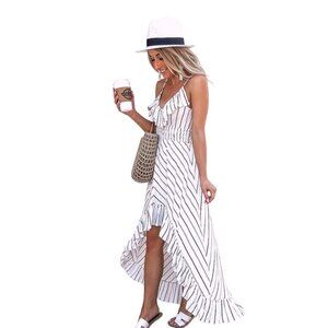 Express Dress Striped Ruffle Hi-Lo Cutout Open Back Summer Midi Maxi Sleeveless